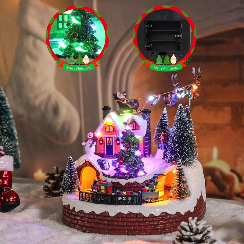 Vipush Christmas Village House Decorations Resin Train Set with Flying Santa Home Decor Indoor Building Figurines Revolving Train with LED Light and 8 Christmas Music for Kids - Image 4
